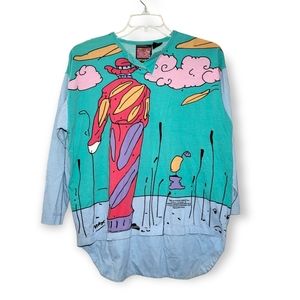 Peter Max Neo Max Monk with Falling Leaves Henley Long Sleeve Vintage Shirt S